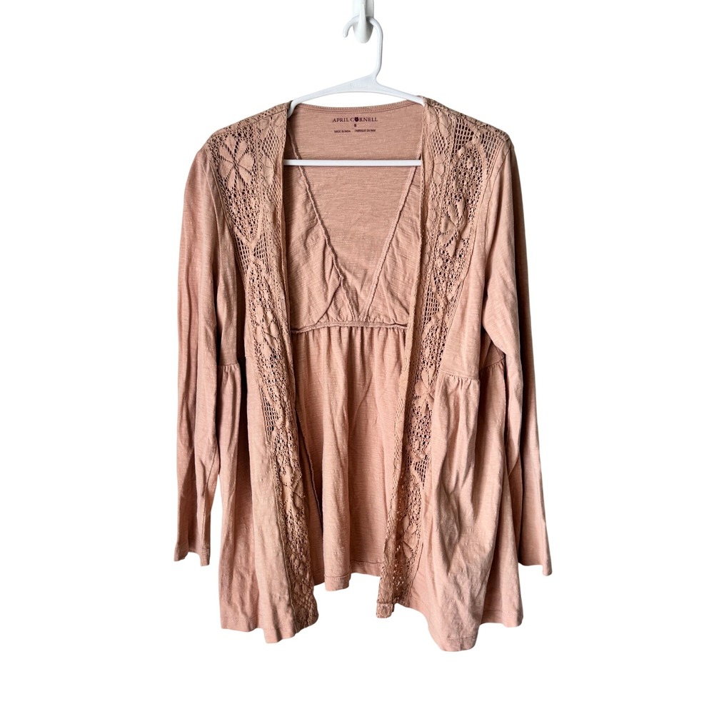April Cornell Dusty Rose Crochet Lace Trim Open Front Empire Waist Cardigan S